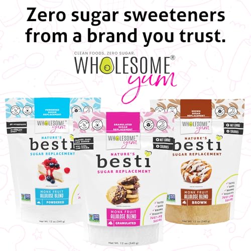 Wholesome Yum Besti Natural Sugar Substitute - Keto Granulated Monk Fruit Sweetener Blend With Allulose (No Erythritol) - Non GMO, Zero Calorie, Zero Carb, Sugar Free, No Aftertaste (12 oz, 2 Pack)