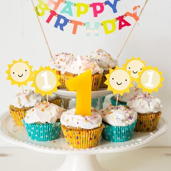 12pcs Sunflower 1st Birthday Cupcake Toppers,You Are My Sunshine First Birthday Decoration, Sunflower Themed One Birthday Party Cupcake Toppers, Prop Photo Prop Decoration