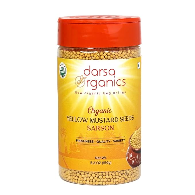 Darsa Organics Yellow Mustard Seed – 5.3oz USDA Organic, Non-GMO, Kosher, Gluten-Free – Perfect for Pickling, Cooking, Sauces, Curries, Marinades, and Flavoring with Authentic Indian Spice
