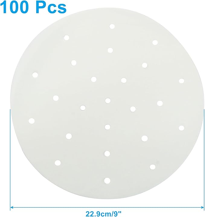 100 Pack 9 Inch Bamboo Steamer Liner - Round Air Fryer Parchment Paper with Holes - White Non Stick Steamer Paper for Air Fryer Basket, Oven, Microwave, Bamboos Steamer