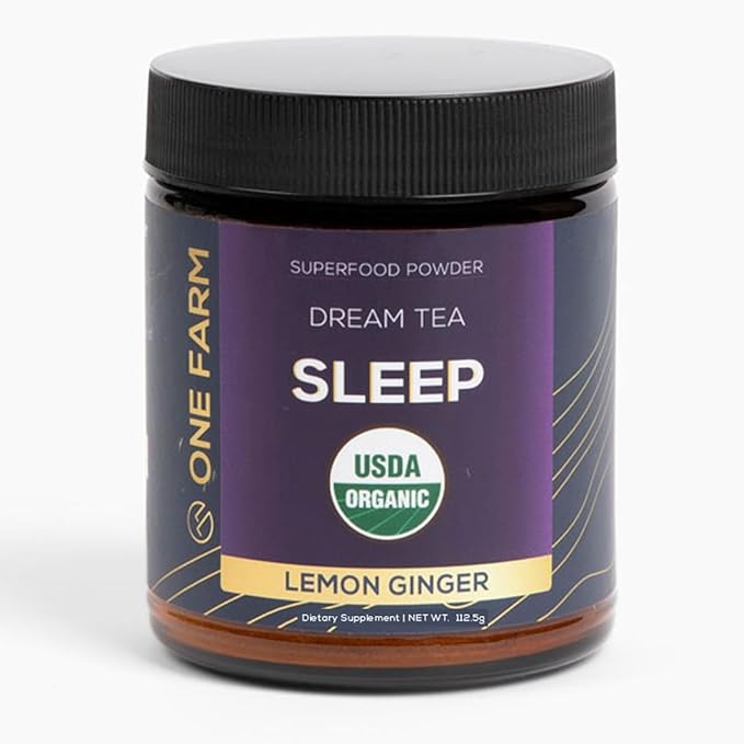 One Farm Dream Tea Sleep Powder - with USDA Organic Reishi, Tart Cherry, Chamomile, Lemon Balm, and Passionflower - 45 Servings in a Resealable Glass Jar - Soothing Chamomile Flavor