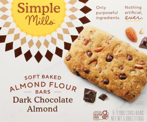 Simple Mills Soft Baked Dark Chocolate Almond Flour Bars, 5 ct, 1.19 oz each (Pack of 2)