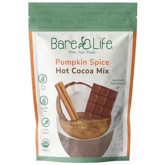 Bare Life: Instant Dairy Free Pumpkin Spice Hot Cocoa Mix - 10 Serving Pouch | Gluten Free, Vegan, Organic, Plant Based, Paleo, Soy Free, Corn Free, Lactose Free, Refined Sugar Free, Hot Chocolate, 9.52 oz.