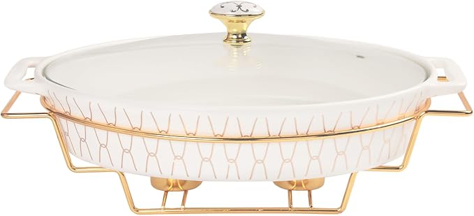11" x 7.5" Ceramic Oval Casserole Dish with Glass Lid and Gold rack, 40 Ounce Serving Soup Tureen,Chafing Dish for Buffet, Family Food preserve Tray, Catering Casserole for Party Style, White