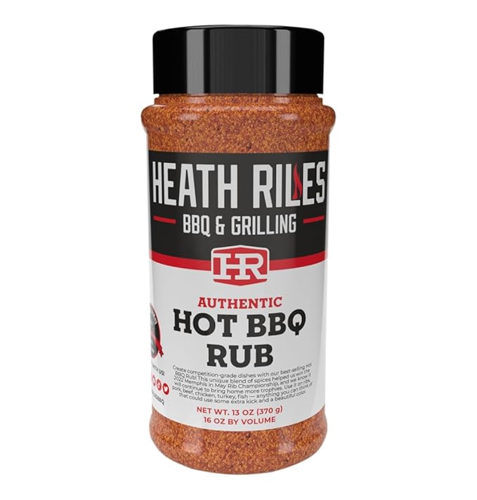 Heath Riles BBQ Rub, Hot BBQ Rub Seasoning, Champion Pitmaster Recipe, Shaker Spice Mix, 13 oz.