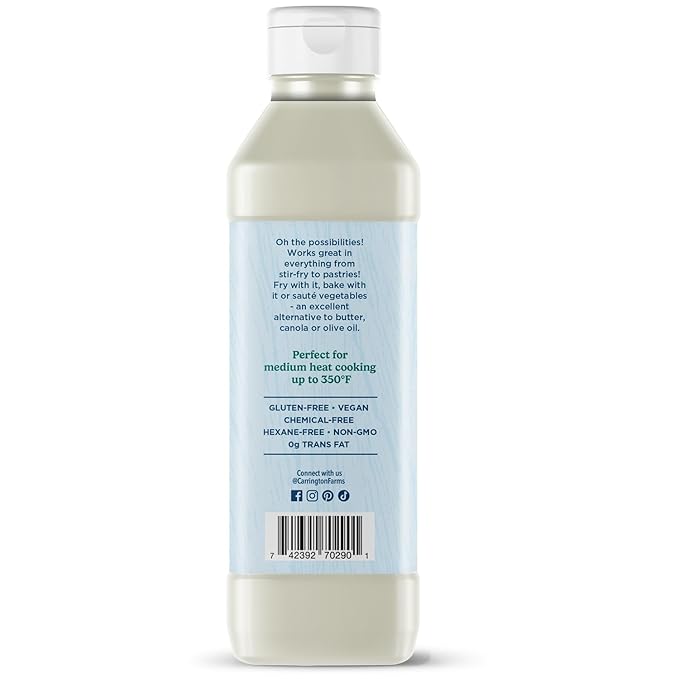 Carrington Farms Organic Liquid Coconut Cooking Oil, 16 Fl Oz ?밬nflavored, Unscented, High Smoke Point, MCT-Rich, No Trans Fat ??For Cooking, Saut챕ing, Frying & Baking ??Gluten Free, Non-GMO, Hexane Free, BPA Free Bottle