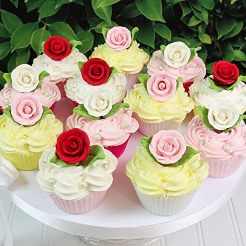 Global Sugar Art Premium Wedding Rose Edible Sugar Cake & Cupcake Flowers, Unwired White, 12 Count with Leaves by Chef Alan Tetreault