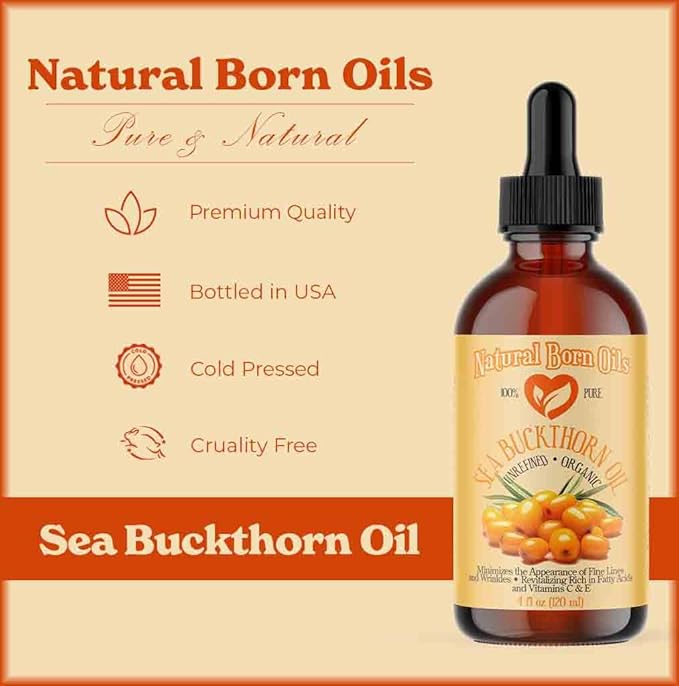 Natural Born Oils Sea Buckthorn Oil, 8oz, Organic, Cold-Pressed, Rich in Fatty Acids, Ideal for Moisturizing Skin, Strengthening Hair