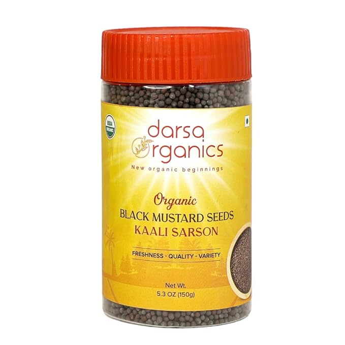 Darsa Organics Black Mustard Seeds 5.3 oz - Premium Quality USDA Organic Certified Black Mustard Seeds for Pickles, Curries, & Spice Blends, Non-GMO, Gluten-Free, Kosher packed in a BPA Free Jar