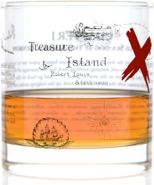 Well Told Classic Literature Rocks Glass - Treasure Island by Robert Louis Stevenson - Old Fashioned Whiskey Glass Gift for Book Lovers (11 oz)