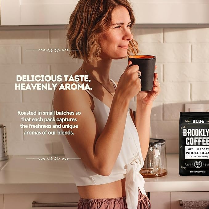 BROOKLYN COFFEE Whole Bean, Classic Medium Roast (5lb) Balanced, Smooth, Mellow - Fresh Bulk Coffee Beans Roasted Weekly in NYC