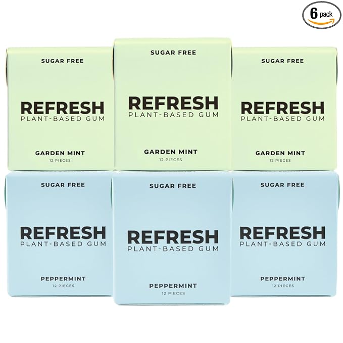 Refresh Gum, Xylitol, Natural, Sugar Free, Long Lasting Chewing Gum, Plastic Free, Natural Flavors & Organic Ingredients, Non GMO, Gluten Free, Vegan, Peppermint & Garden Mint