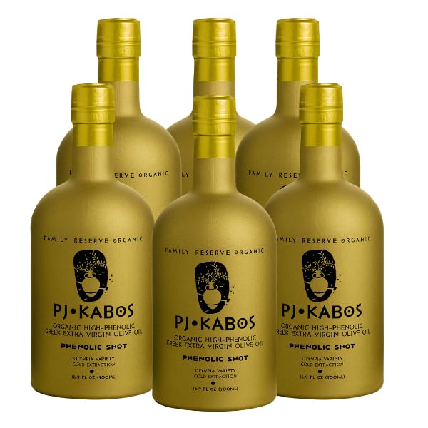 P.J. KABOS 2024/25 Harvest, Extremely High Phenolic (1000+ mg/kg), USDA Organic Greek Extra Virgin Olive Oil, Kosher, Greece, Cold Extracted, 16.9oz Bottle, PJ KABOS ?œFamily Reserve Organic - Phenolic Shot??(6pack)