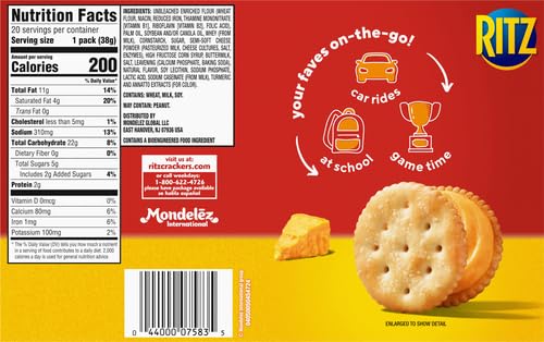 RITZ Cheese Sandwich Crackers, 20 Snack Packs (6 Crackers Per Pack) (Pack of 2)