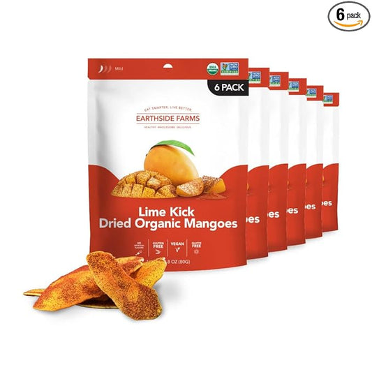 Earthside Farms - Dried Organic Mangoes, Lime Kick Dried Mangoes, Sweet and Spicy, Gluten Free, No Sugar Added, Non GMO, Organic, Vegan Snack, Naturally Sweet and Flavorful (2.8oz, 6 pack)