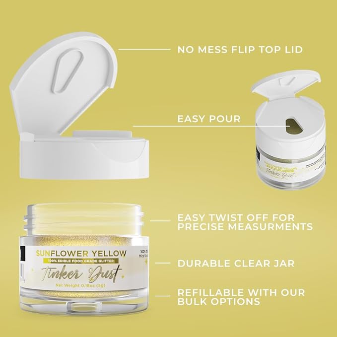 Bakell - Sunflower Yellow Tinker Dust (5g, 1x Jar) Edible Glitter for Food, Desserts, and Beverages!