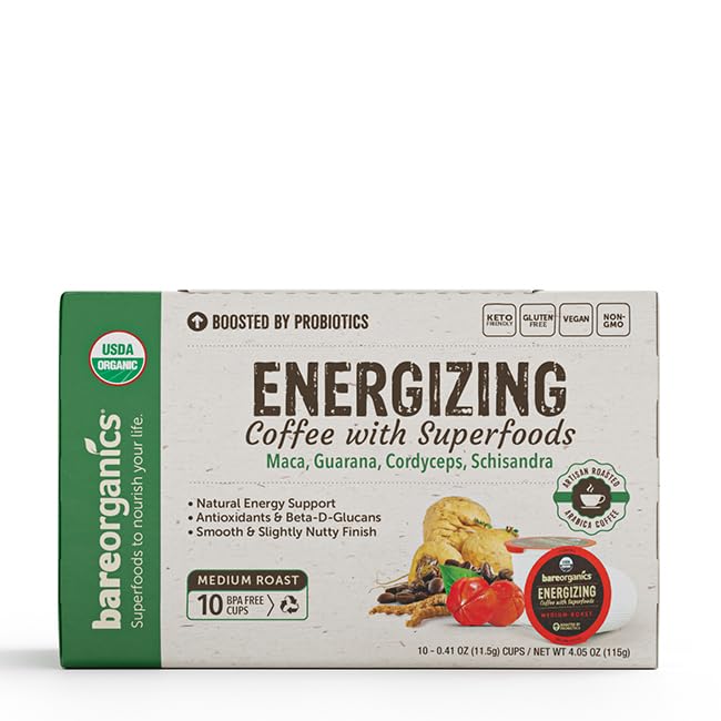 BareOrganics Energy Medium Roast Coffee, Organic, 10 K-Cup Pods, Superfoods & Probiotics Infused, Vegan, Gluten Free, 10 Single Serve Cups