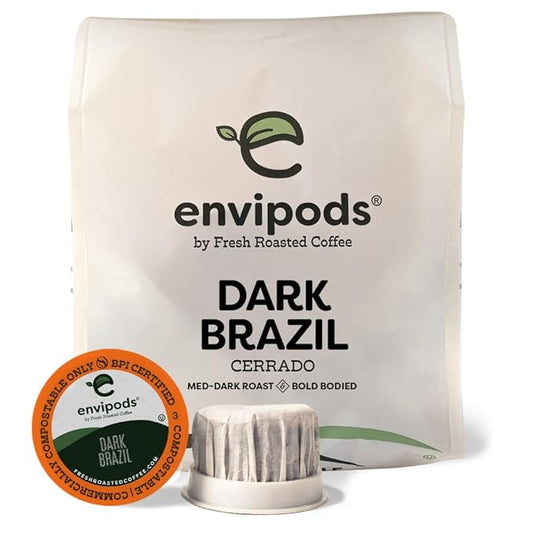 Fresh Roasted Coffee, Dark Brazil Compostable envipods, Medium-Dark Roast, Kosher, 12 Count,for Keurig K Cup Brewers | Not for use in Ninja or Hamilton Beach Brewers