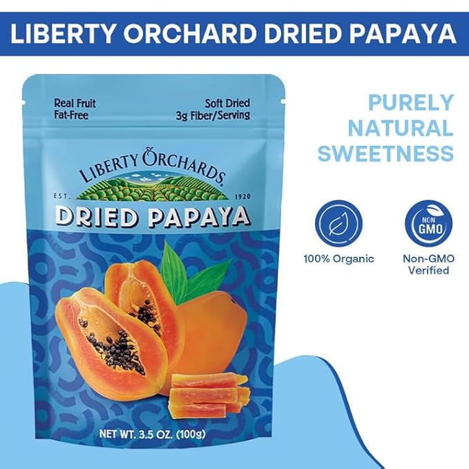 Liberty Orchard Dried Papaya with Fiber - Naturally Sweet Fruit Snacks for Healthy Digestion & Busy Lifestyles - Dried Papaya Ideal for Recipes & On-The-Go Snacking - 4 Pack