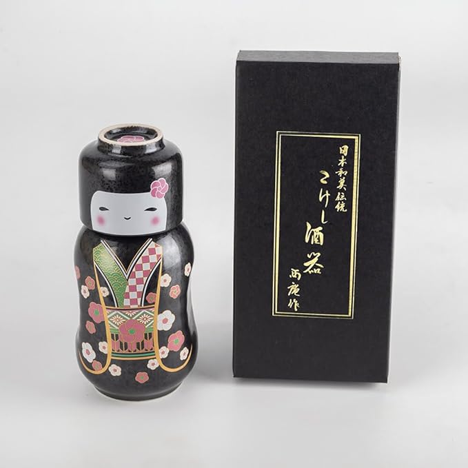 Japanese Traditional Kokeshi Design Sake Wine Soju Ceramic Set with 1 Ochoko Cup and 1 Tokkuri Bottle Gifts (Kokeshi Ume Komachi)