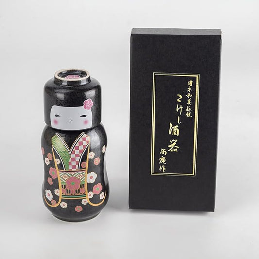 Japanese Traditional Kokeshi Design Sake Wine Soju Ceramic Set with 1 Ochoko Cup and 1 Tokkuri Bottle Gifts (Kokeshi Ume Komachi)