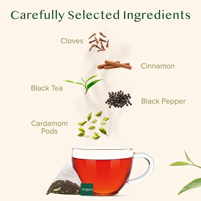 VAHDAM, India's Original Masala Chai Tea (30 Pyramid Tea Bags) Non GMO, Gluten Free, No Artificial Flavors | Blended w/Exotic Spices | Chai Tea Bags | Resealable Ziplock Pouch