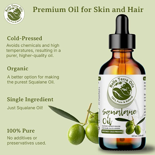Bella Terra Oils - Organic Squalane Oil 8 oz - Harvested from Bitter Organic Squalanes, Famed for its Vitamin E & Omega-9, Cold-Pressed Elixir for Skin