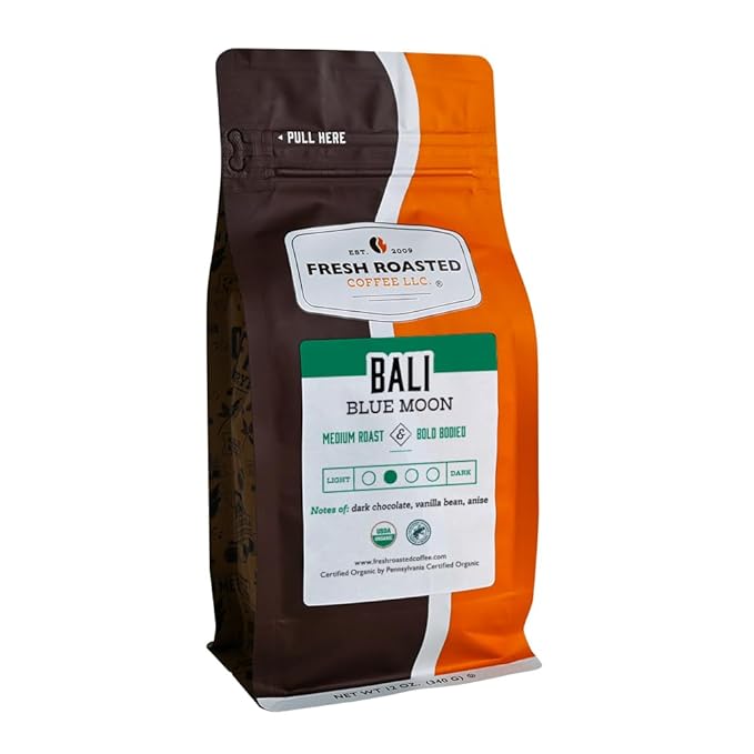Fresh Roasted Coffee, Organic Bali Blue Moon | USDA Organic, Kosher | Medium Roast 12 oz Whole Bean