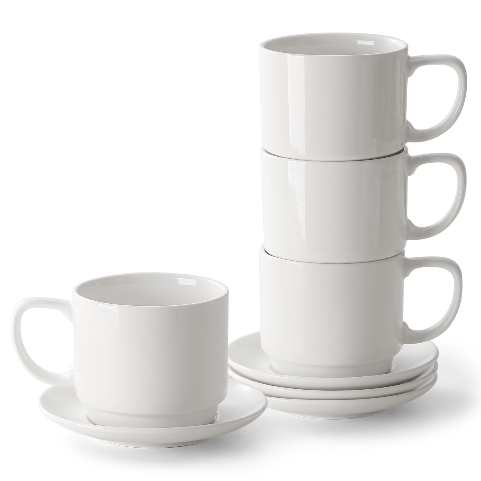 DOWAN 12oz Coffee Mugs, Cappuccino Cup and Saucer Set of 4, White Ceramic Coffee Cups for