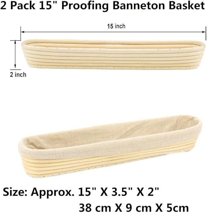 15 Inch Proofing Baskets for Baguette, Bread Banneton Baking Bowls 2 Pack, Making Baguette Bread with Beautiful Pattern and Shape