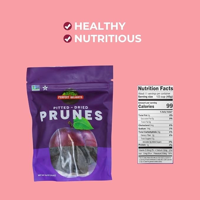 Perfect Delights Prunes, Vegan, Sun-Dried Pitted Prunes, Healthy Fruit Snack for Kids and Adults - Single Pack (16 oz)