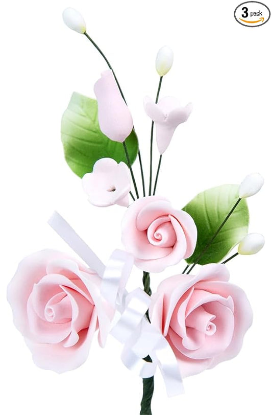 O'Creme Gumpaste Flower Spray, Mini Soft-Pink Rose 3x4 - Edible Flowers for Cake Decorating - Sugar Paste Flowers for Cakes, Cupcake Toppers - Birthday, Wedding, Valentines, Baby Shower - Set of 3