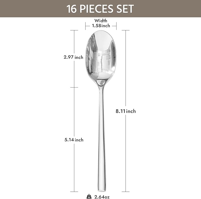 KINGSTONE Dinner Spoon Set, 16-Piece Tablespoons Silverware Spoons, Premium Food Grade Stainless Steel Spoons, Mirror Finish & Dishwasher Safe, Use for Kitchen, Home, Wedding, Party