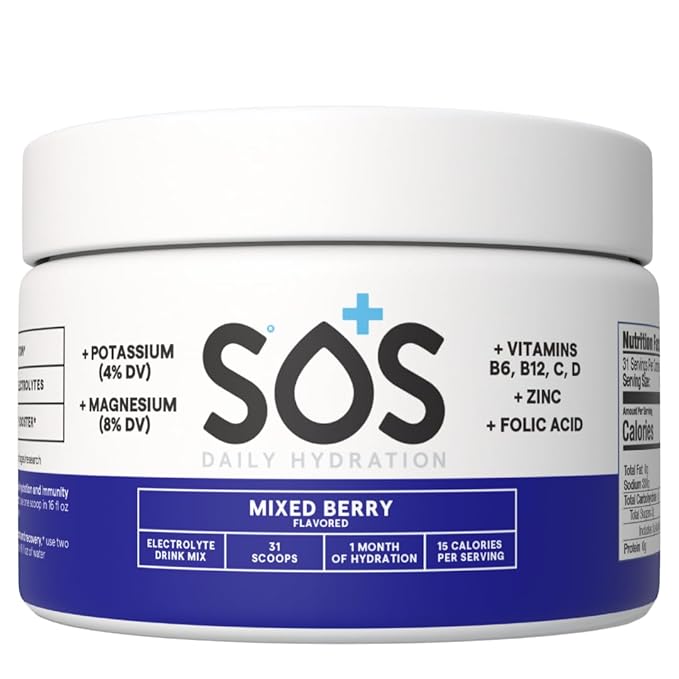 SOS Hydration Electrolyte Drink Mix (31 Servings) ??Low Sugar, 15 Calorie, Keto-Friendly & Rapid Rehydration (31 Servings, Mixed Berry)