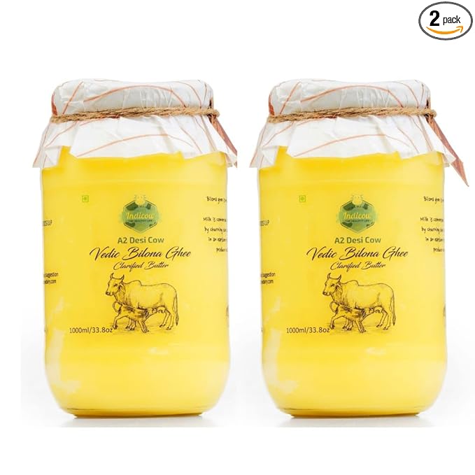 Indicow A2 Desi Cow Ghee, Clarified Butter| Combo Pack| | 2 pcs of 1 ltr| Grass Fed Cows | (2000ML(67.6oz), A2 Cow Ghee (Sahiwal Cows)) | Clarified Butter Fat, Keto, Paleo, Lactose Free, Casein Free, Non-GMO