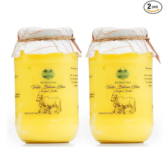 Indicow A2 Desi Cow Ghee, Clarified Butter| Combo Pack| | 2 pcs of 1 ltr| Grass Fed Cows | (2000ML(67.6oz), A2 Cow Ghee (Sahiwal Cows)) | Clarified Butter Fat, Keto, Paleo, Lactose Free, Casein Free, Non-GMO