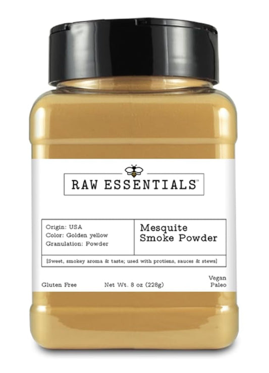 Raw Essentials Mesquite Smoke Powder - Infuse Bold Smoky Flavor Without Barbecuing - Perfect for BBQ Marinades and Rubs - 8 Ounce Bottle