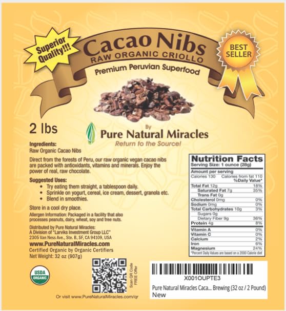 Pure Natural Miracles Cacao Nibs Unsweetened | Raw, Sugar Free, Organic Dark Chocolate Chips | Cocoa Beans for Brewing (32 oz / 2 Pound)
