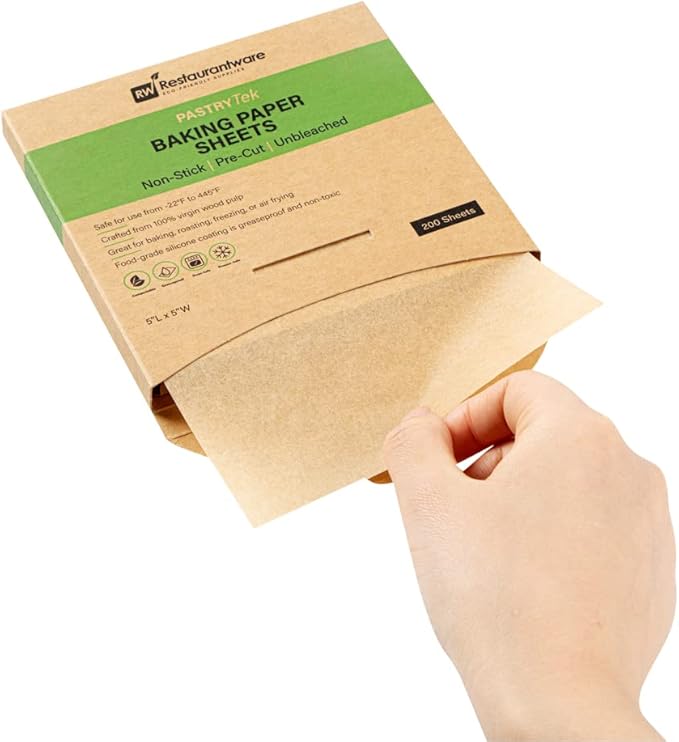 Restaurantware Pastry Tek 5 x 5 Inch Parchment Paper Sheets 200 Greaseproof Baking Sheets For Oven - Pre-cut Double-Sided Silicone Coating Unbleached Paper Nonstick Baking Sheets Reusable