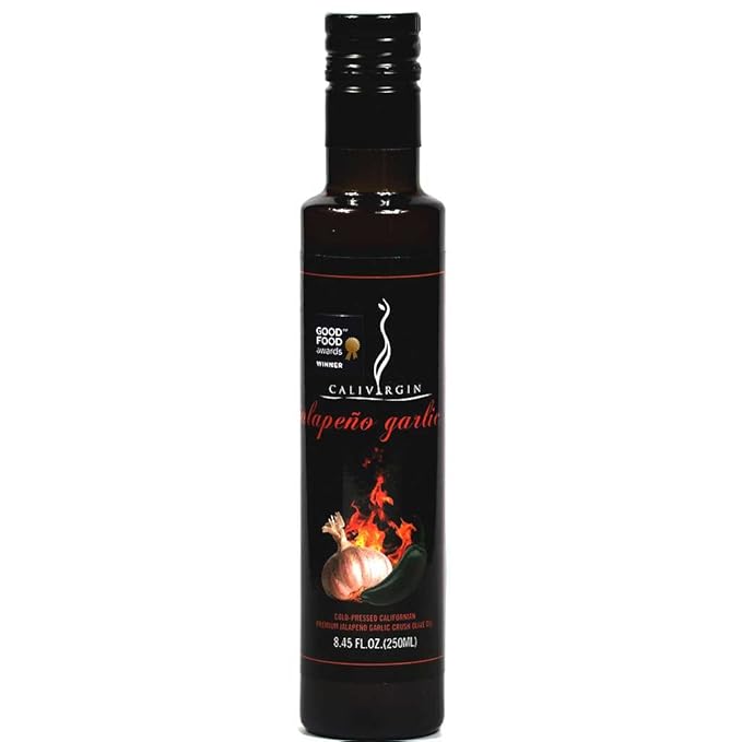 Calivirgin Jalapeno Garlic Flavored Olive Oil - Jalapeno Garlic Infused Extra Virgin Olive Oil - Cold Pressed Olive Oil - Jalapeno Olive Oil - No Preservatives, Organically Grown Olives - 250ml