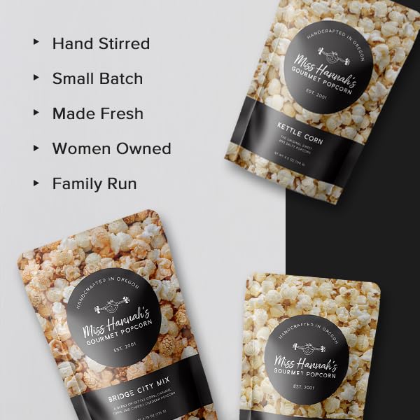 Miss Hannah's Gourmet Popcorn Movie Night Bundle - Bridge City Mix, Buttery Salt & Kettle Corn - Non-GMO, Sweet & Savory Snack Box for Gifting or Sharing - 3 Pack Artisan Popcorn Gift Set