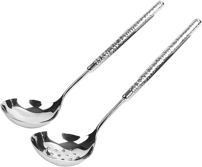Soup Ladle and Slotted Spoon Set 18/8 Stainless Steel, 9.4" Small Metal Ladle Spoon and Strainer Scoop Gravy Colander, for Hotpot, Buffet, Party, Restaurants, Kitchen, 2-Pack