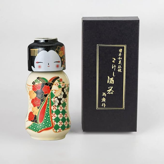 Japanese Traditional Kokeshi Design Sake Wine Soju Ceramic Set with 1 Ochoko Cup and 1 Tokkuri Bottle Gifts (Kokeshi Maiko Sakura)
