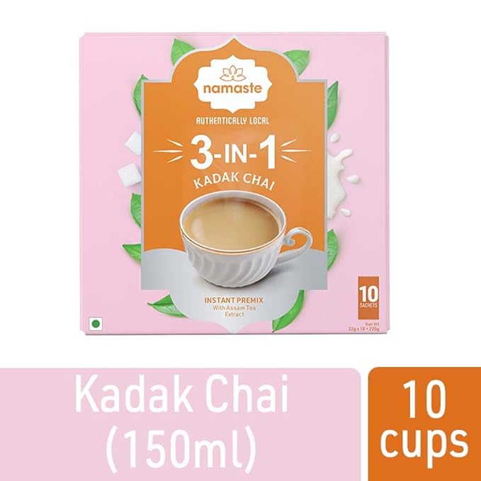 Namaste Chai Instant Kadak Chai Powder Premix | Assam Tea Powder With Milk and Sugar | Instant Tea Premix | 22g x 10 Sachets