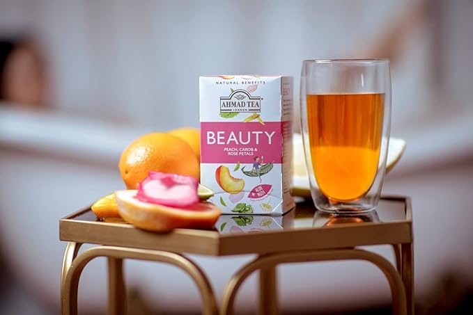 Ahmad Tea Herbal Tea, Peach, Carob, and Rose Petals 'Beauty' Natural Benefits Teabags, 20 ct (Pack of 1) - Decaffeinated & Sugar-Free