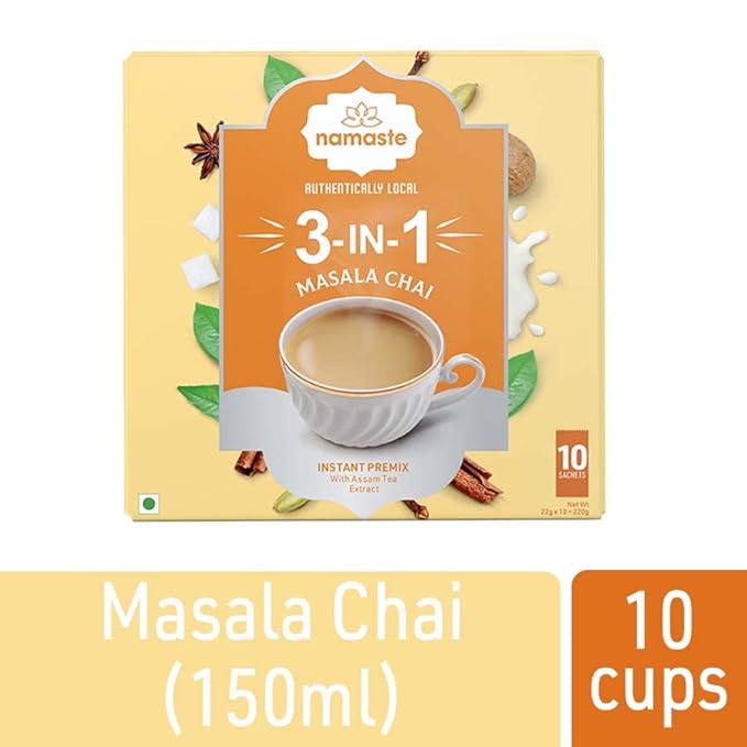 Namaste Chai Masala Chai Premix| Assam Tea Powder With Milk and Sugar | Instant Tea Powder Sachets | 22g x 10 Sachets