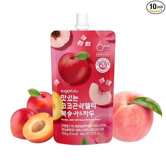 Sugarlolo Konjac Sweet Coco Peach & Plum Jelly Snack - Vegan Jello with Zero Sugar | Only 6 Calories per Pouch | Low Calorie Korean Snacks | 5.29 Oz (150g) | 10 Pack