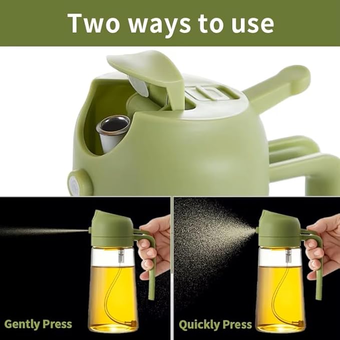 Oil Sprayer for Cooking 2 in 1, 470ml/16oz, Oil Spray & Dispenser Glass Bottle, Food-grade material for Kitchen, Salad Dressing, Frying, Air Fryer & BBQ (Green)