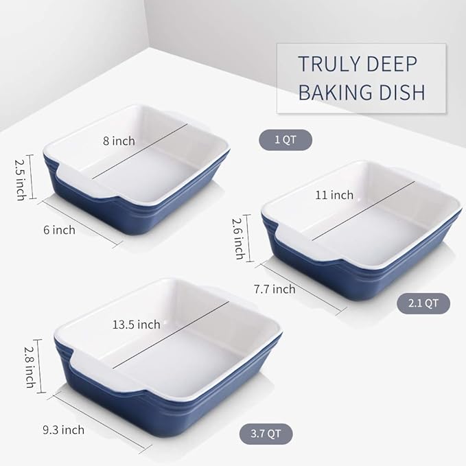 KOOV Bakeware Set, Ceramic Baking Dish Set, Rectangular Casserole Dish Set, lasagna Pan, Baking Pans Set for Cooking, Cake Dinner, Kitchen, 9 x 13 Inches, 3-Piece (Set of 3, Gradient Blue)