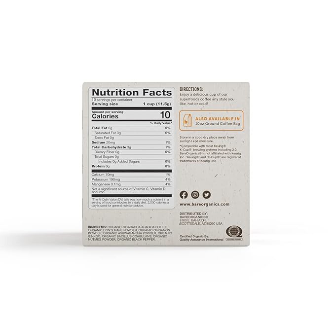 BareOrganics Focus Coffee Pods With Superfoods & Probiotics | Compatible | USDA Certified Organic, Vegan, Non-GMO & Recyclable Single Serve 10ct (Pack of 6)